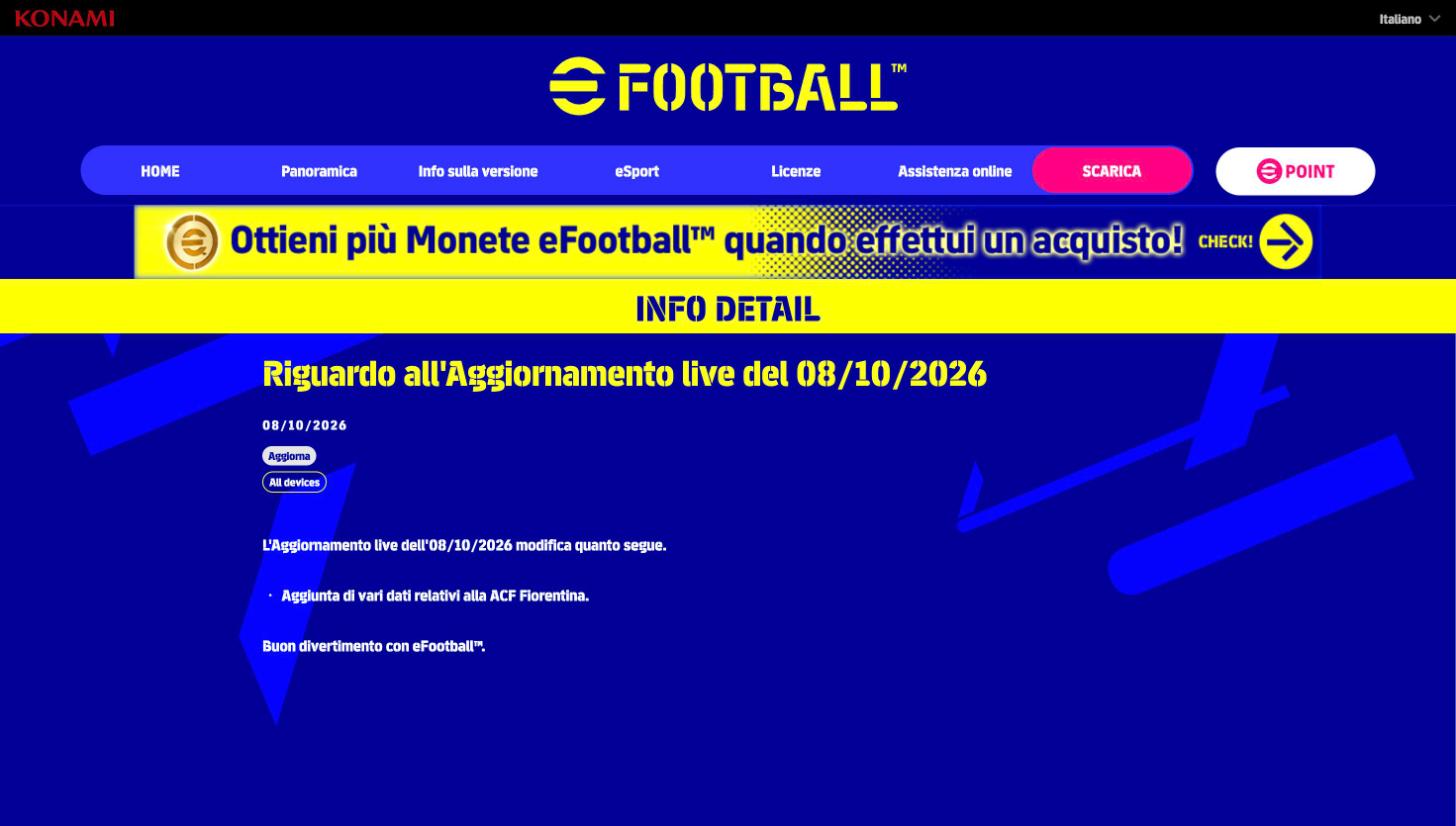 Annuncio Konami: aggiornamento live eFootball dell'8 ottobre 2026 con l'aggiunta dei dati della ACF Fiorentina